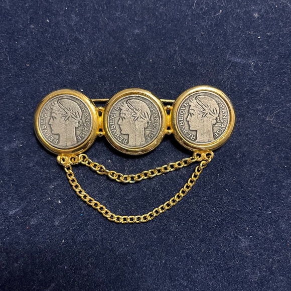 Francaise Chatelaine Jewelry - Vintage Francaise Chatelaine Coin Gold-Tone Triple Coin Chain Brooch -Elegant